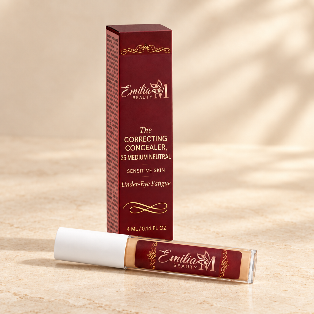 Emilia M Beauty Correcting Concealer 25 Medium Neutral on a warm stone background