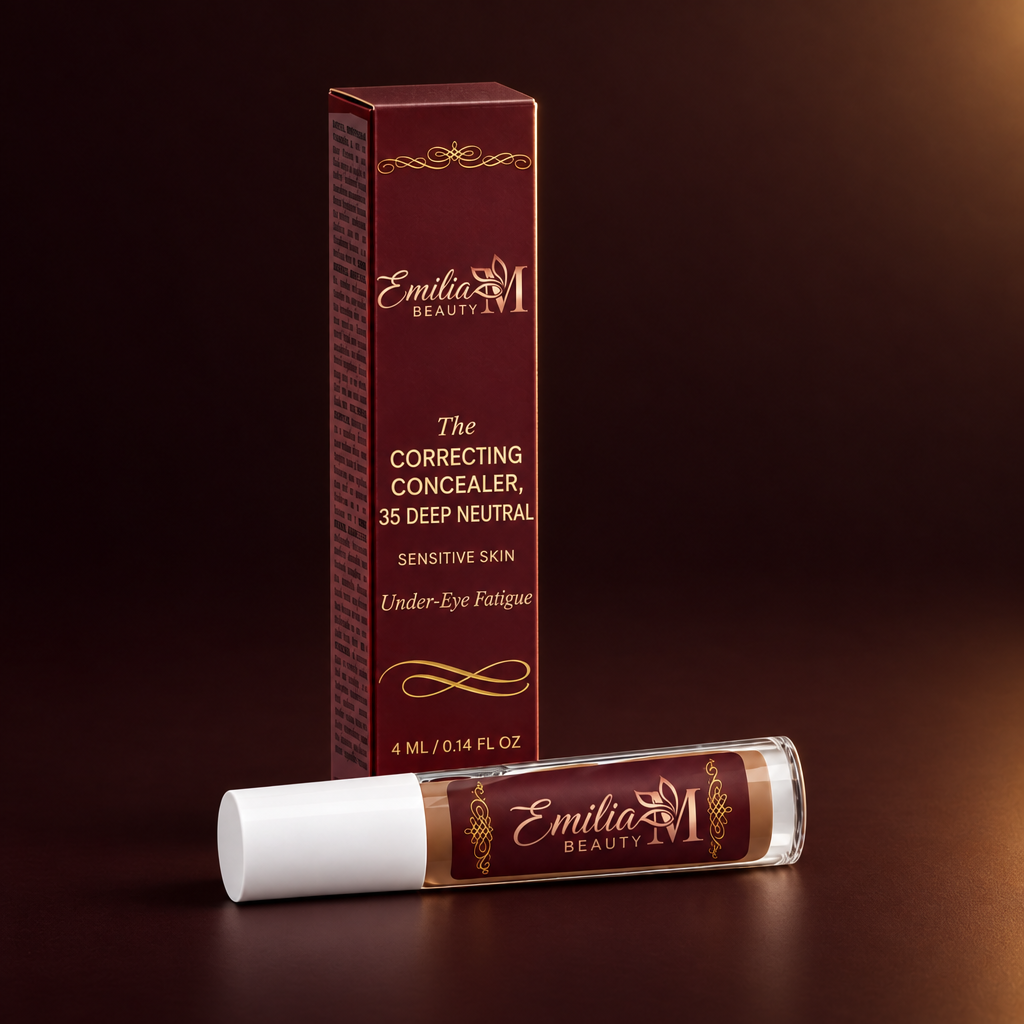 Emilia M Beauty Correcting Concealer 35 Deep Neutral against a deep burgundy background