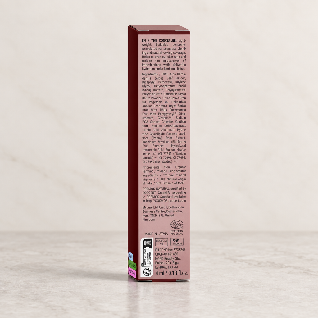 Back of Emilia M Beauty Correcting Concealer 35 Deep Neutral packaging showing product information