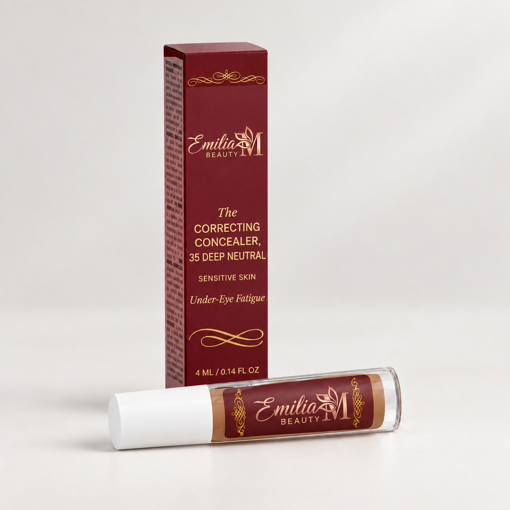 Emilia M Beauty Correcting Concealer 35 Deep Neutral against a light pearl grey background