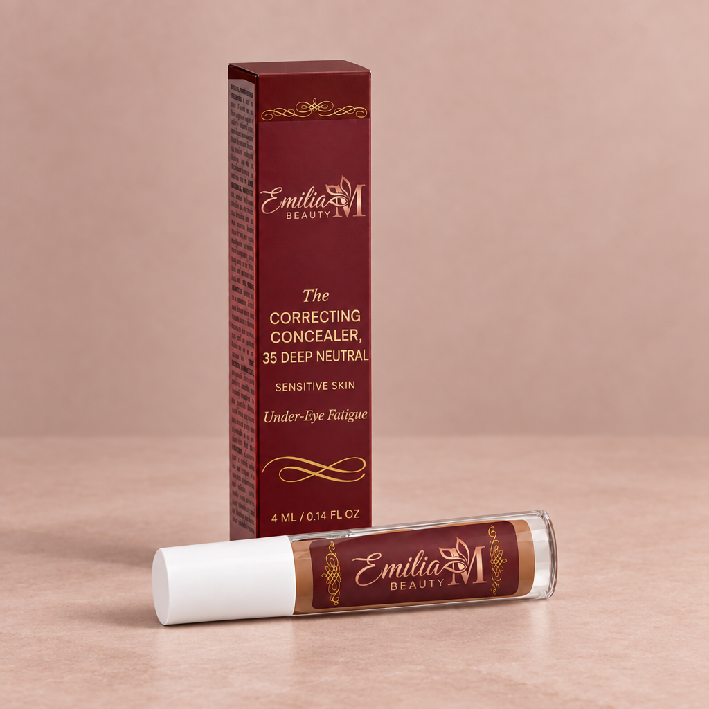 Emilia M Beauty Correcting Concealer 35 Deep Neutral against a soft pink beige background