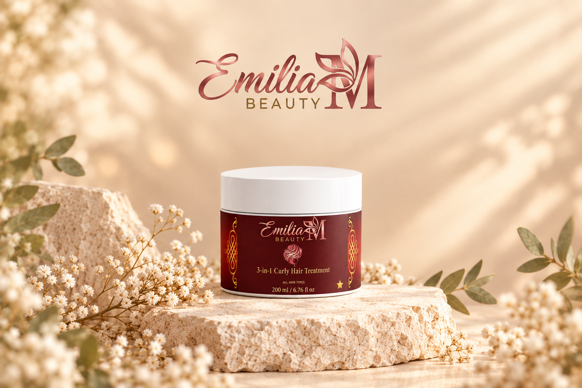 Emilia M Beauty 3-in-1 Curly Hair Treatment jar in a wide botanical setting with travertine, delicate flowers and warm beige tones