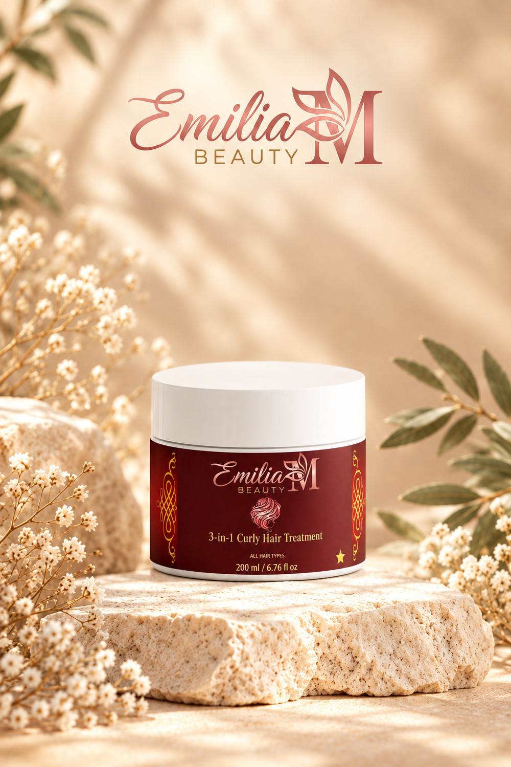 Emilia M Beauty 3-in-1 Curly Hair Treatment jar on a travertine pedestal with delicate flowers and greenery in warm light