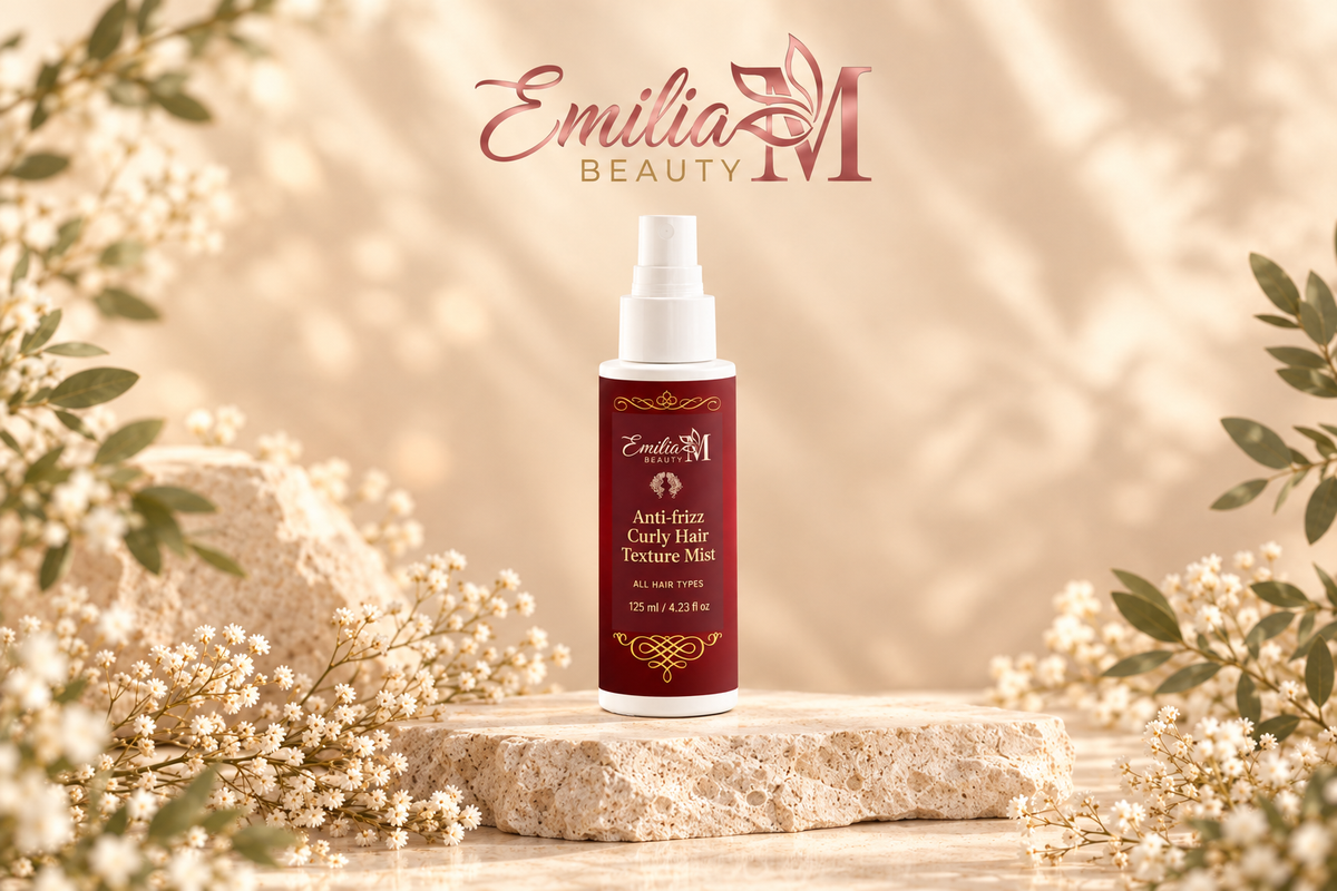 Emilia M Beauty Anti-frizz Curly Hair Texture Mist 125 ml bottle with a white spray pump and burgundy label