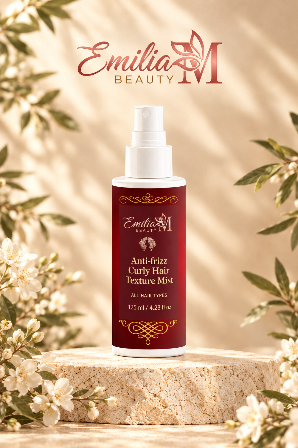 Emilia M Beauty Anti-frizz Curly Hair Texture Mist 125 ml bottle with a white spray pump and burgundy label