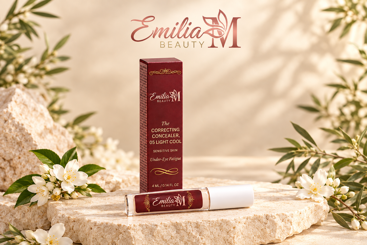 Emilia M Beauty Correcting Concealer 05 Light Cool displayed with its burgundy box, white flowers and greenery