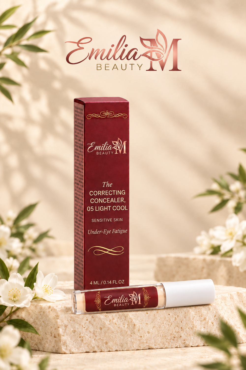 Emilia M Beauty Correcting Concealer 05 Light Cool burgundy box against a soft beige background with greenery