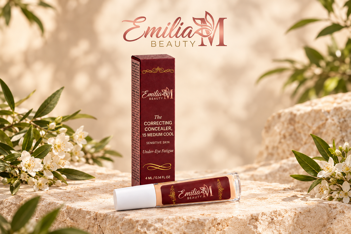 Emilia M Beauty Correcting Concealer in 15 Medium Cool displayed with its burgundy box and white flowers on a warm beige background