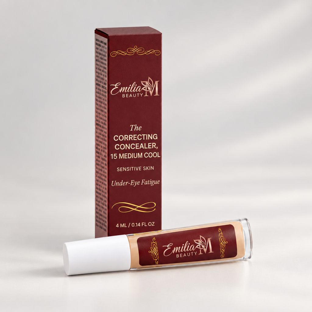 Emilia M Beauty Correcting Concealer 15 Medium Cool on a light grey background
