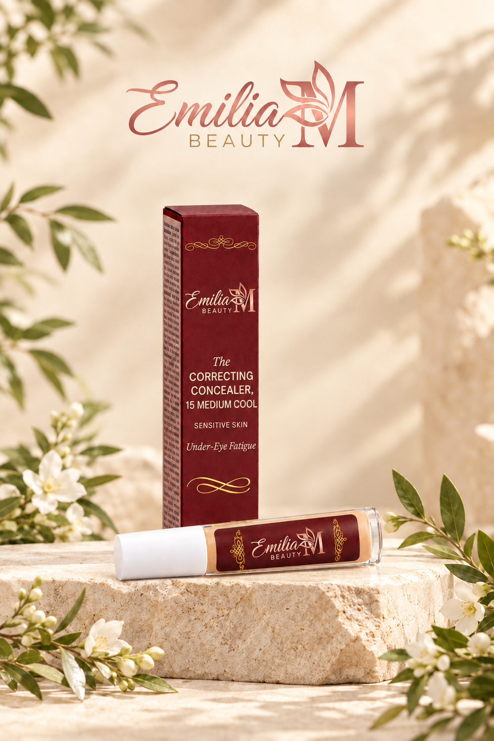 Emilia M Beauty Correcting Concealer in 15 Medium Cool, with the tube lying in front of its burgundy box among white flowers