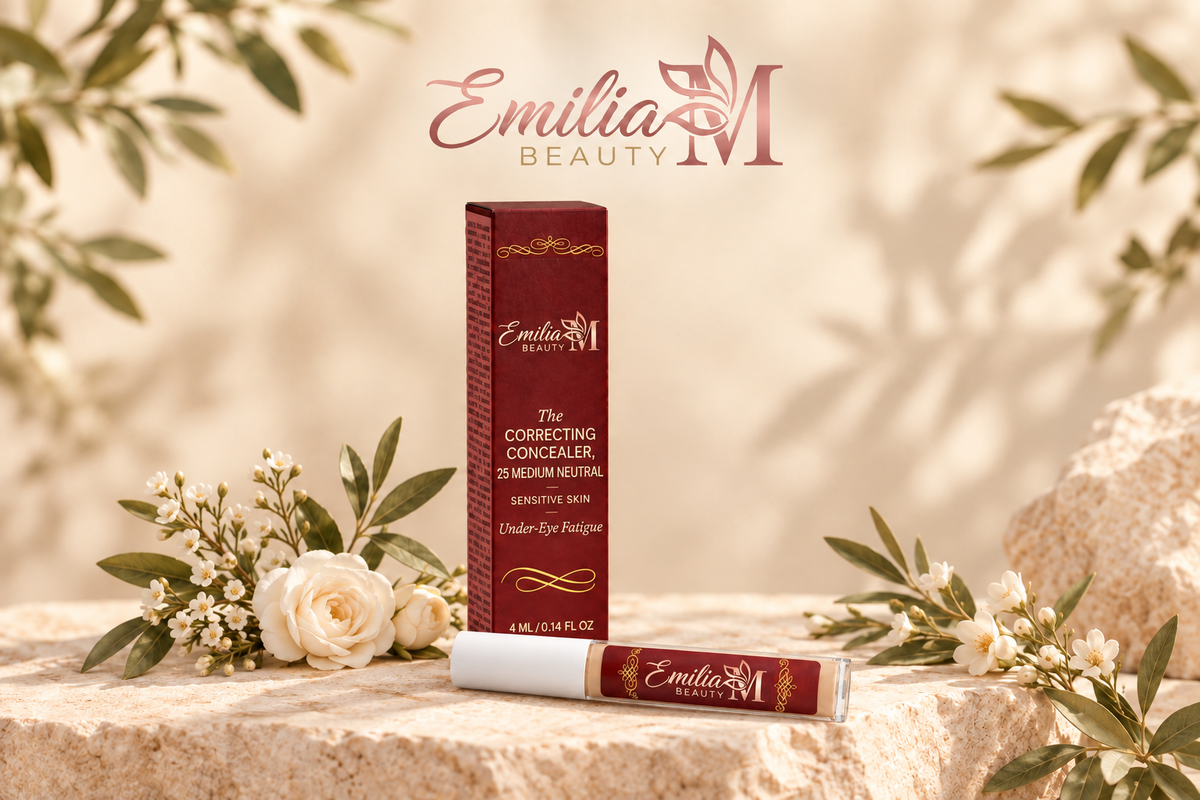 Emilia M Beauty Correcting Concealer in 25 Medium Neutral displayed with its burgundy box, flowers and greenery on a warm beige background