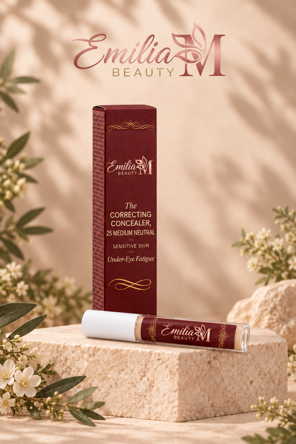 Emilia M Beauty Correcting Concealer in 25 Medium Neutral, with the tube lying in front of its burgundy box on a stone display