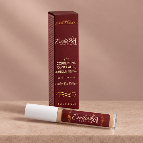 Emilia M Beauty Correcting Concealer 25 Medium Neutral on a soft pink beige background