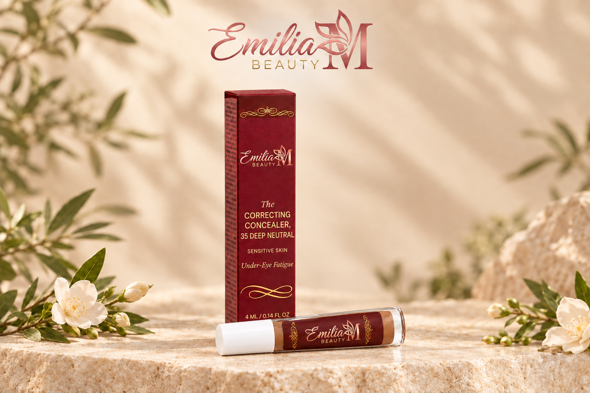 Emilia M Beauty Correcting Concealer in 35 Deep Neutral displayed with its burgundy box, white flowers and greenery