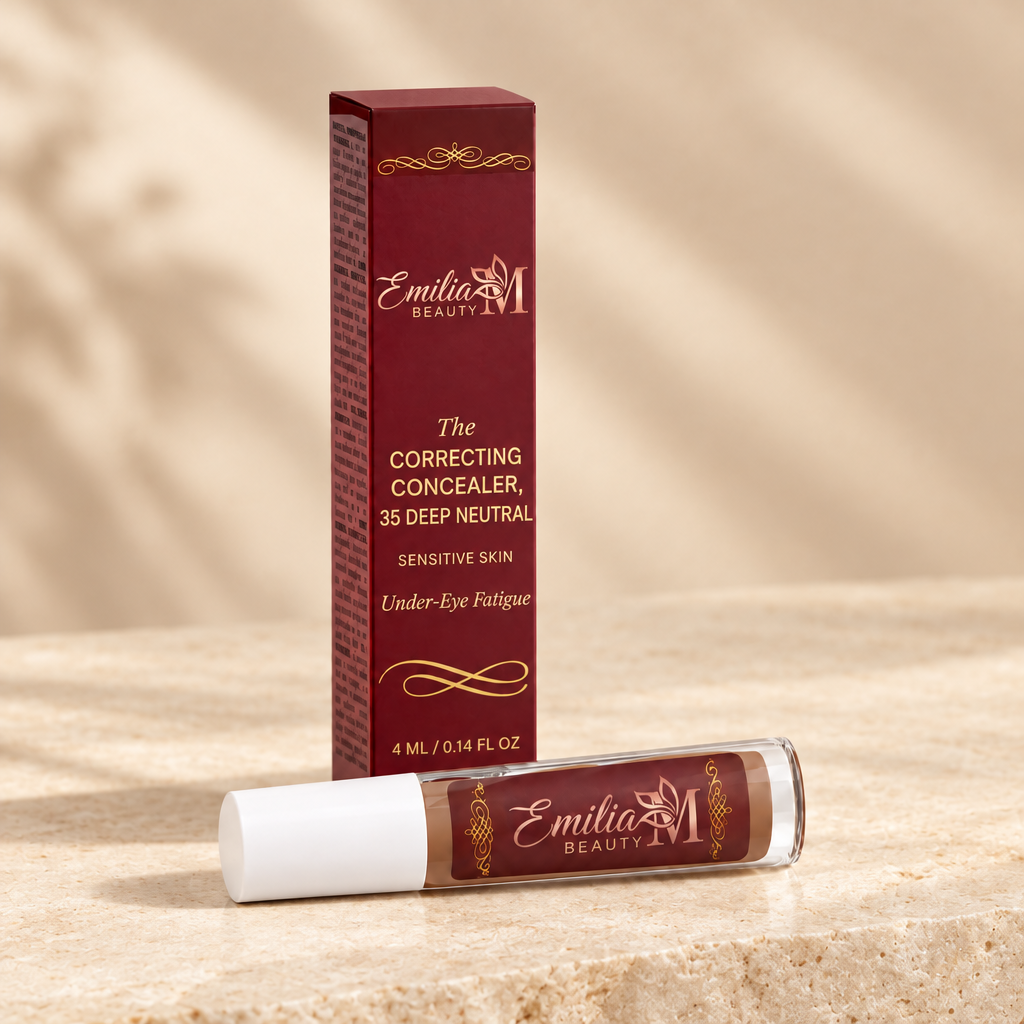 Emilia M Beauty Correcting Concealer 35 Deep Neutral on a warm stone background