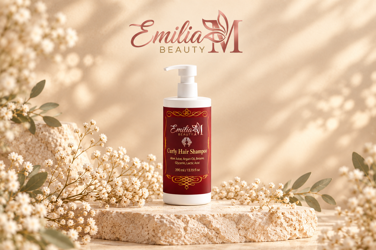 Emilia M Beauty Curly Hair Shampoo 390 ml bottle with a white pump and burgundy label