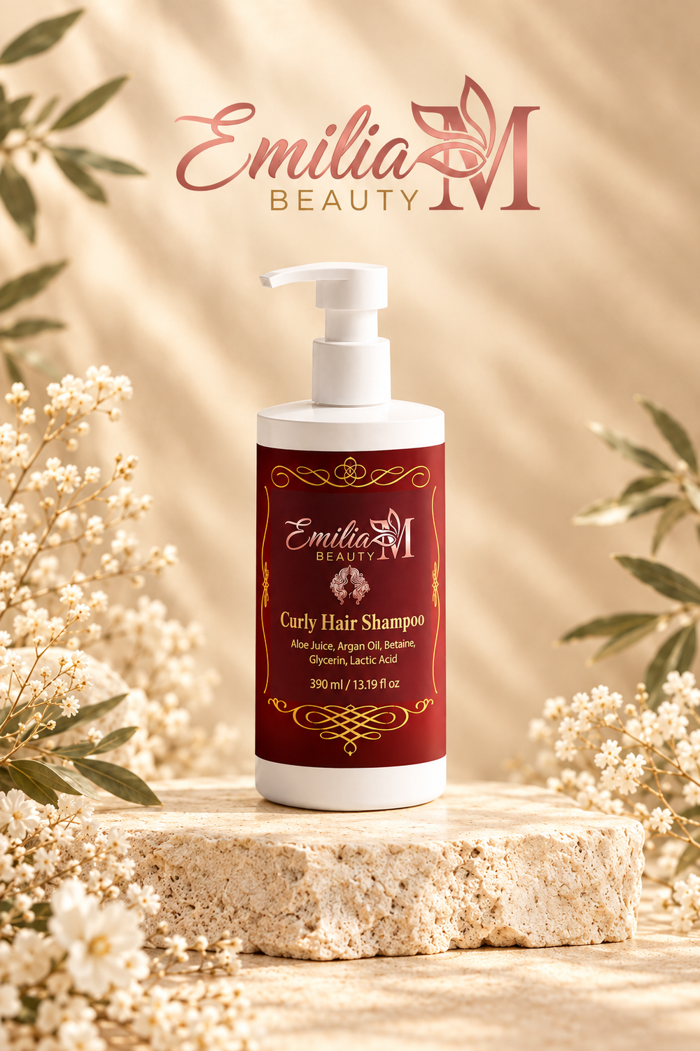 Emilia M Beauty Curly Hair Shampoo 390 ml bottle with a white pump and burgundy label