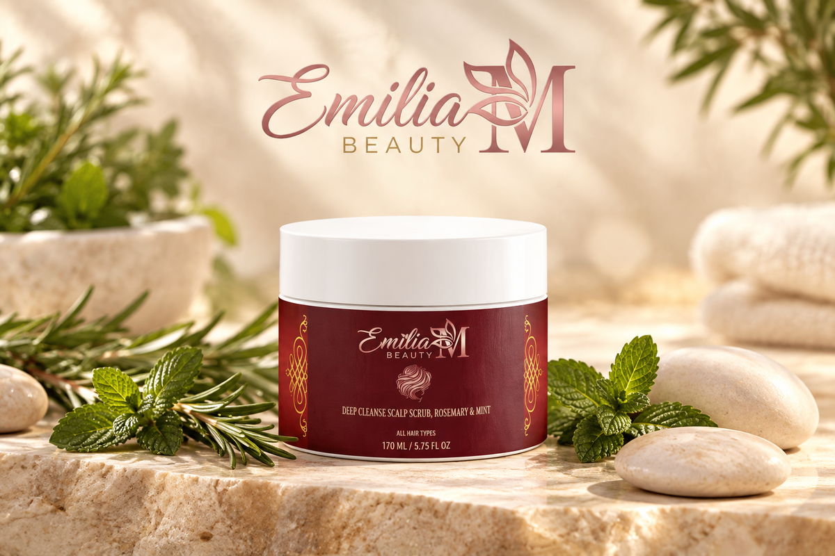 Emilia M Beauty Deep Cleanse Scalp Scrub Rosemary Mint jar in a warm stone setting with herbs and smooth stones