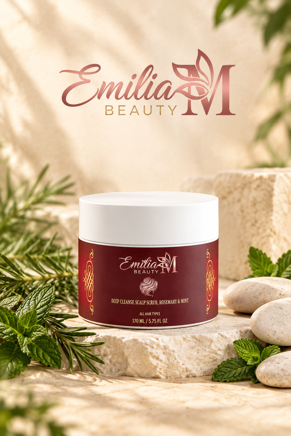 Emilia M Beauty Deep Cleanse Scalp Scrub Rosemary Mint jar on a stone surface, framed by rosemary and mint