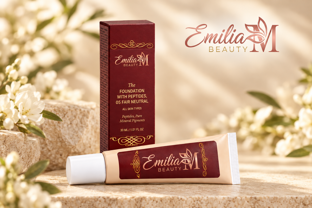 Emilia M Beauty Foundation with Peptides in 05 Fair Neutral displayed with its burgundy box and white flowers against a warm beige background