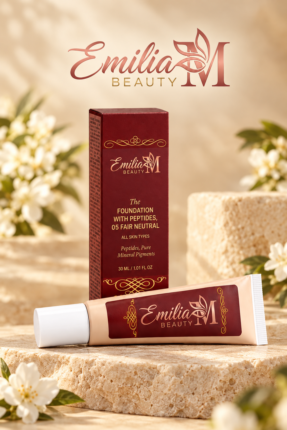 Emilia M Beauty Foundation with Peptides in 05 Fair Neutral, with the tube lying in front of its burgundy box on a stone display