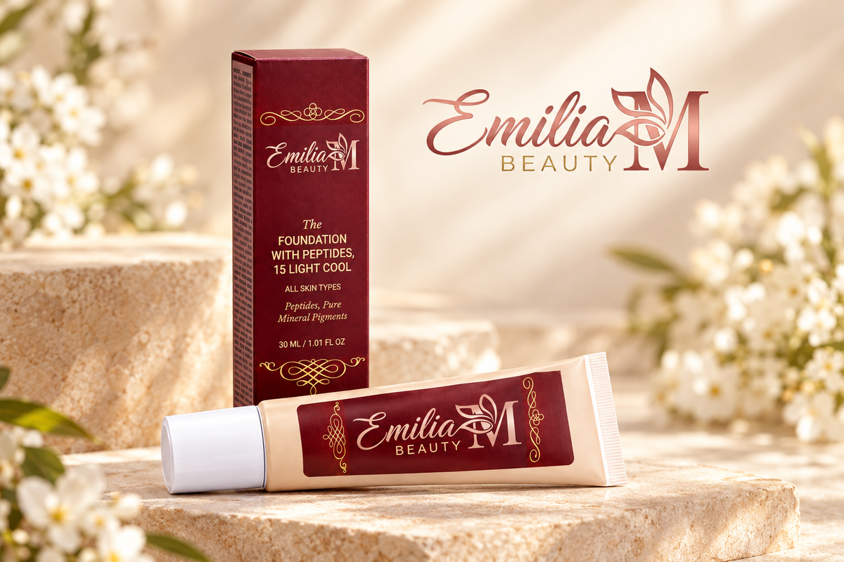 Emilia M Beauty Foundation with Peptides in 15 Light Cool displayed with its burgundy box among white flowers on a warm beige background