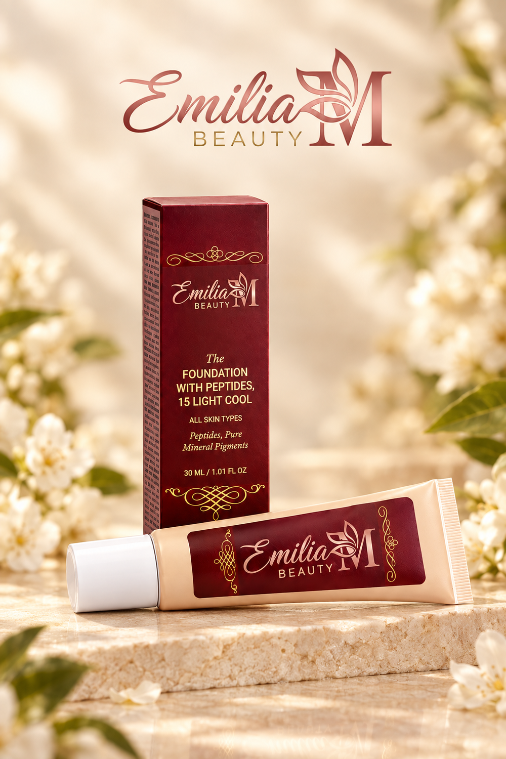 Emilia M Beauty Foundation with Peptides in 15 Light Cool, with the tube lying in front of its burgundy box on a stone display