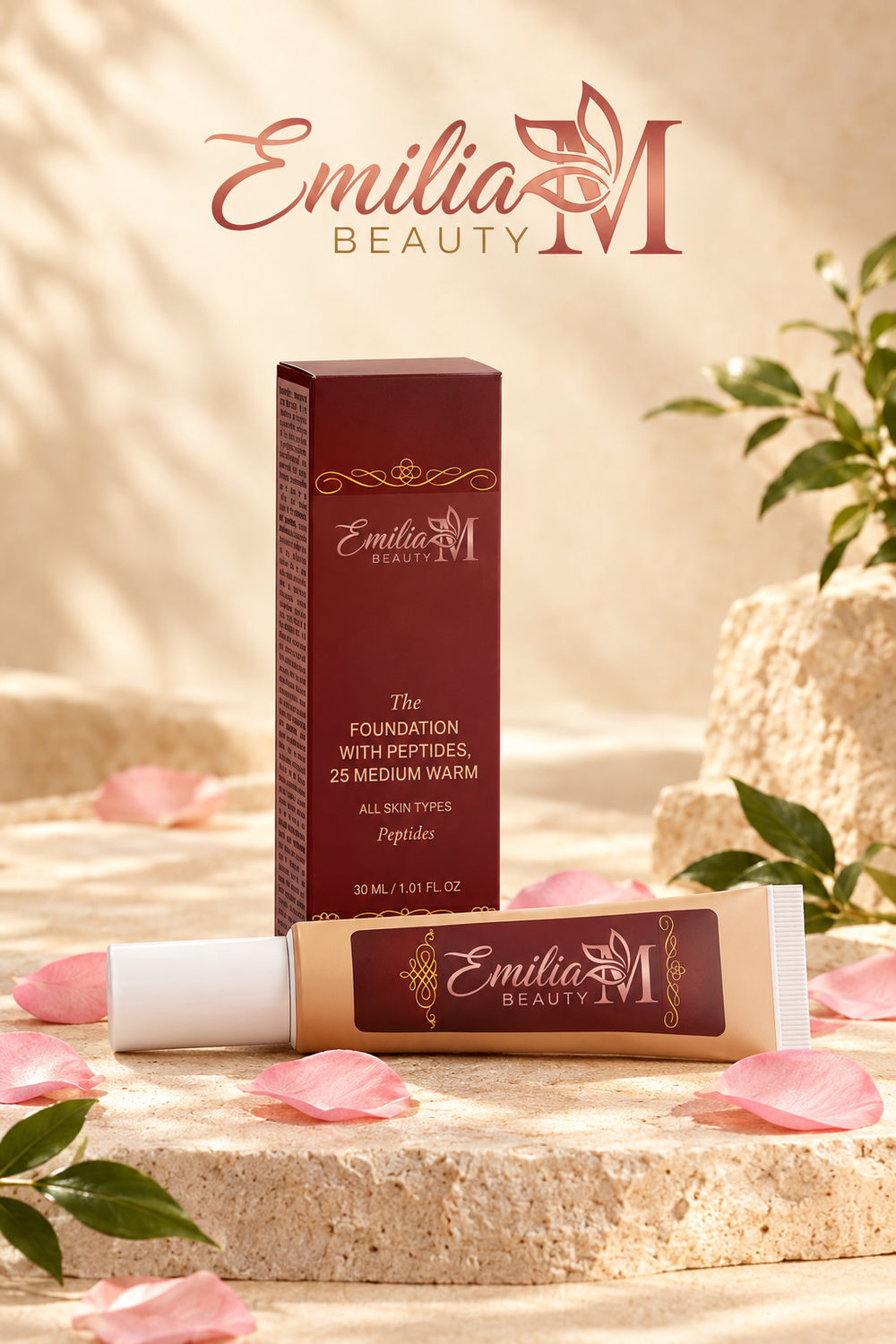 Emilia M Beauty Foundation with Peptides in 25 Medium Warm, with the tube lying in front of its burgundy box among pink petals