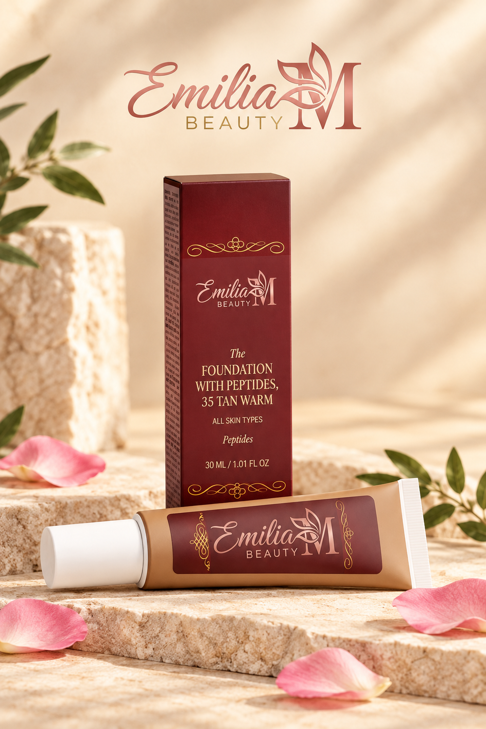 Emilia M Beauty Foundation with Peptides in 35 Tan Warm, with the tube lying in front of its burgundy box on a stone display
