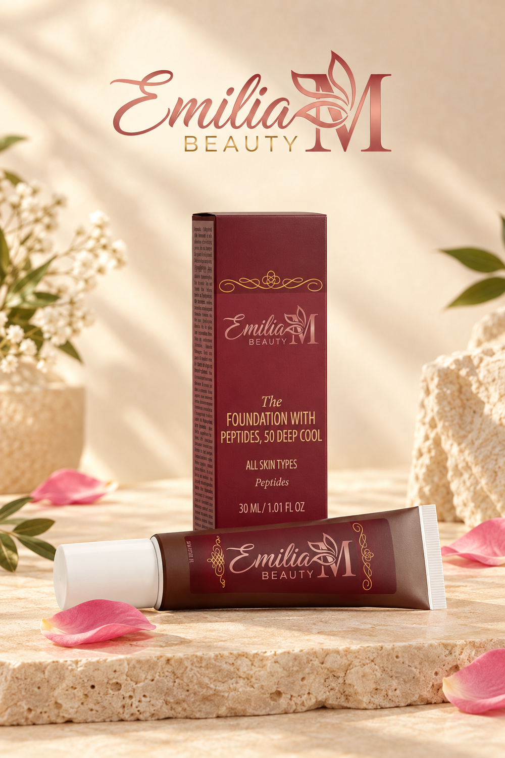 Emilia M Beauty Foundation with Peptides in 50 Deep Cool, with the tube lying in front of its burgundy box and pink petals