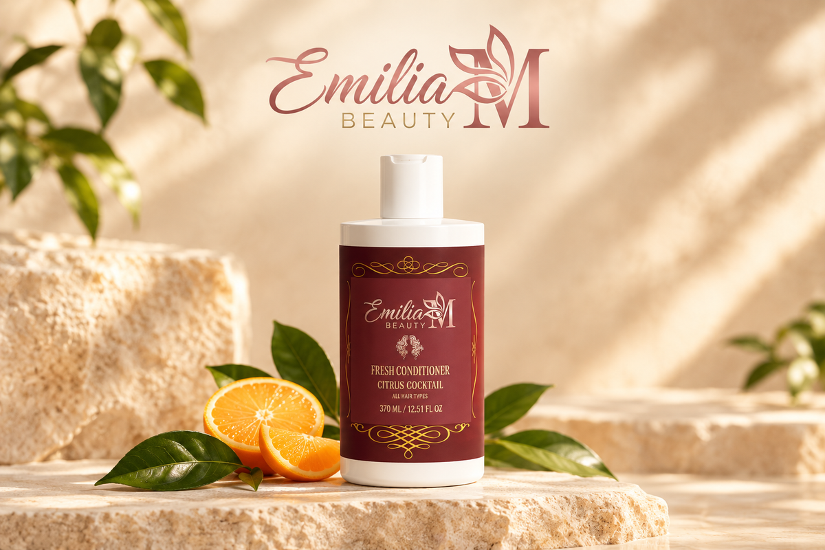 Emilia M Beauty Fresh Conditioner Citrus Cocktail bottle in a warm beige setting with citrus fruit and greenery