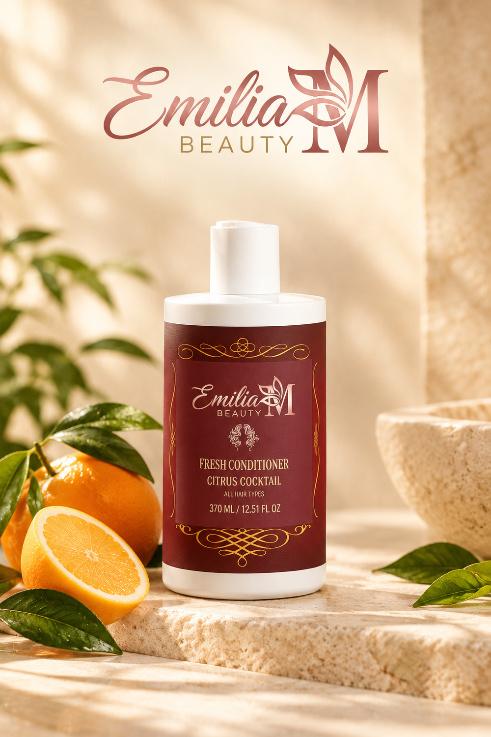 Emilia M Beauty Fresh Conditioner Citrus Cocktail bottle on a stone surface beside sliced citrus and green leaves