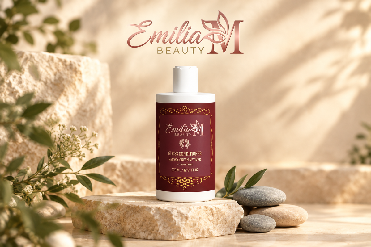 Emilia M Beauty Gloss Conditioner Smoky Green Vetiver bottle in a warm beige setting with leafy branches and natural stone