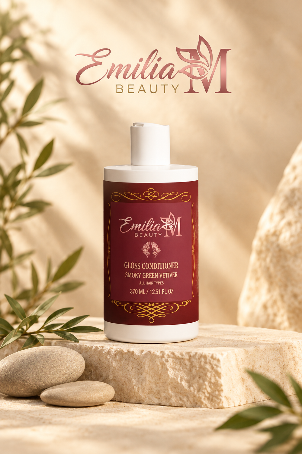 Emilia M Beauty Gloss Conditioner Smoky Green Vetiver bottle on a stone ledge beside smooth stones and greenery
