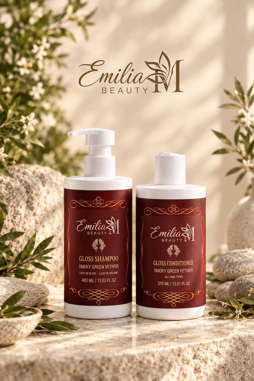 Emilia M Beauty Gloss Shampoo and Conditioner in burgundy-labelled bottles on a sunlit stone surface with green foliage