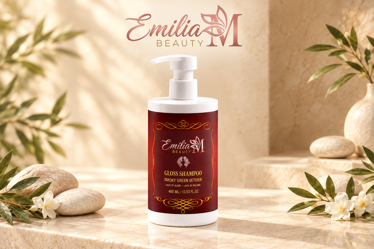 Emilia M Beauty Gloss Shampoo Smoky Green Vetiver pump bottle in a warm beige setting with greenery, white flowers and stones