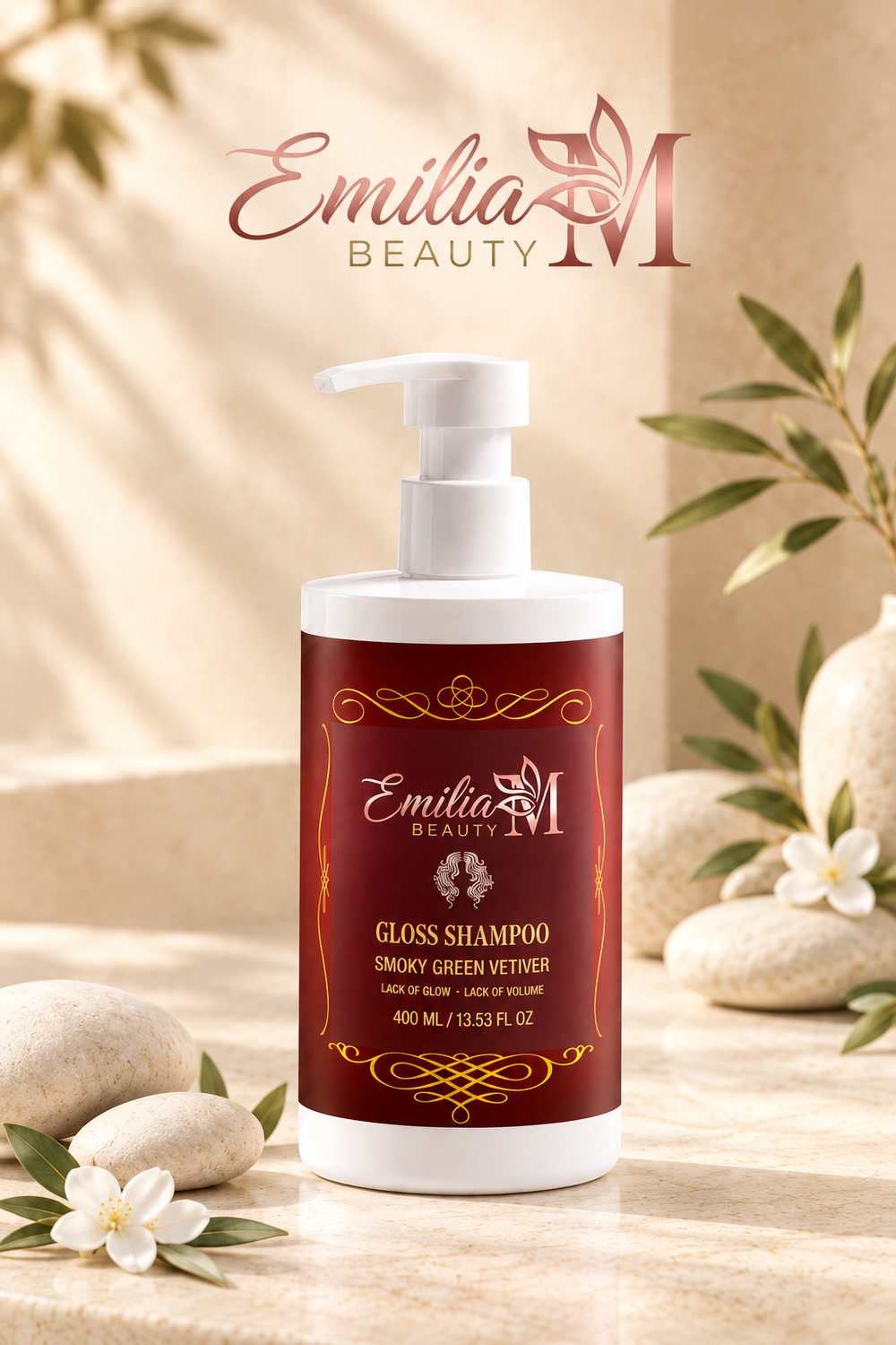 Emilia M Beauty Gloss Shampoo Smoky Green Vetiver pump bottle beside white flowers and smooth stones.