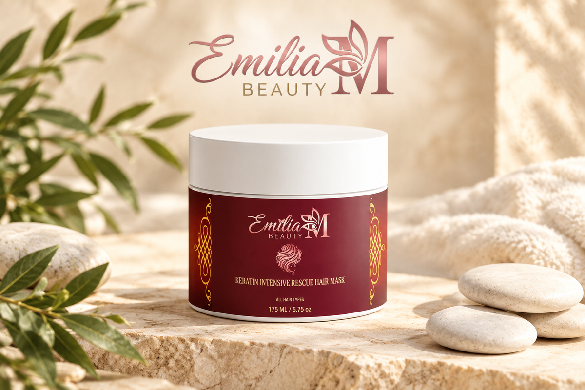 Emilia M Beauty Keratin Intensive Rescue Hair Mask jar in a warm beige setting with leafy branches and natural stone