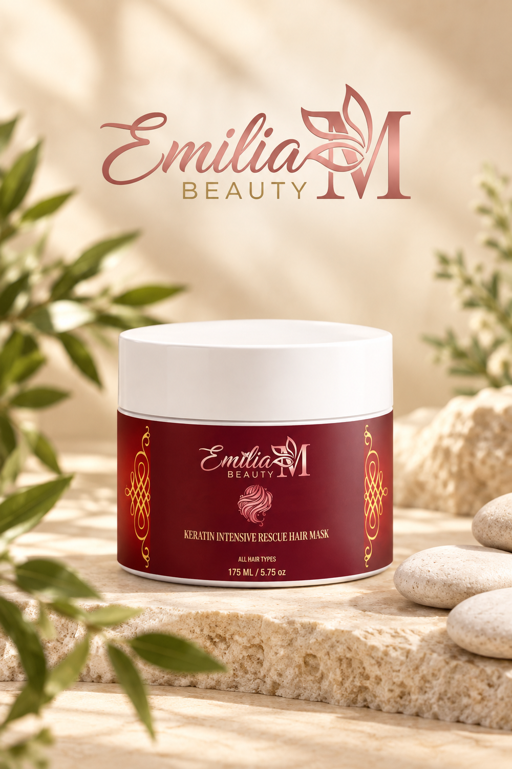 Emilia M Beauty Keratin Intensive Rescue Hair Mask jar on a stone surface beside smooth stones and greenery