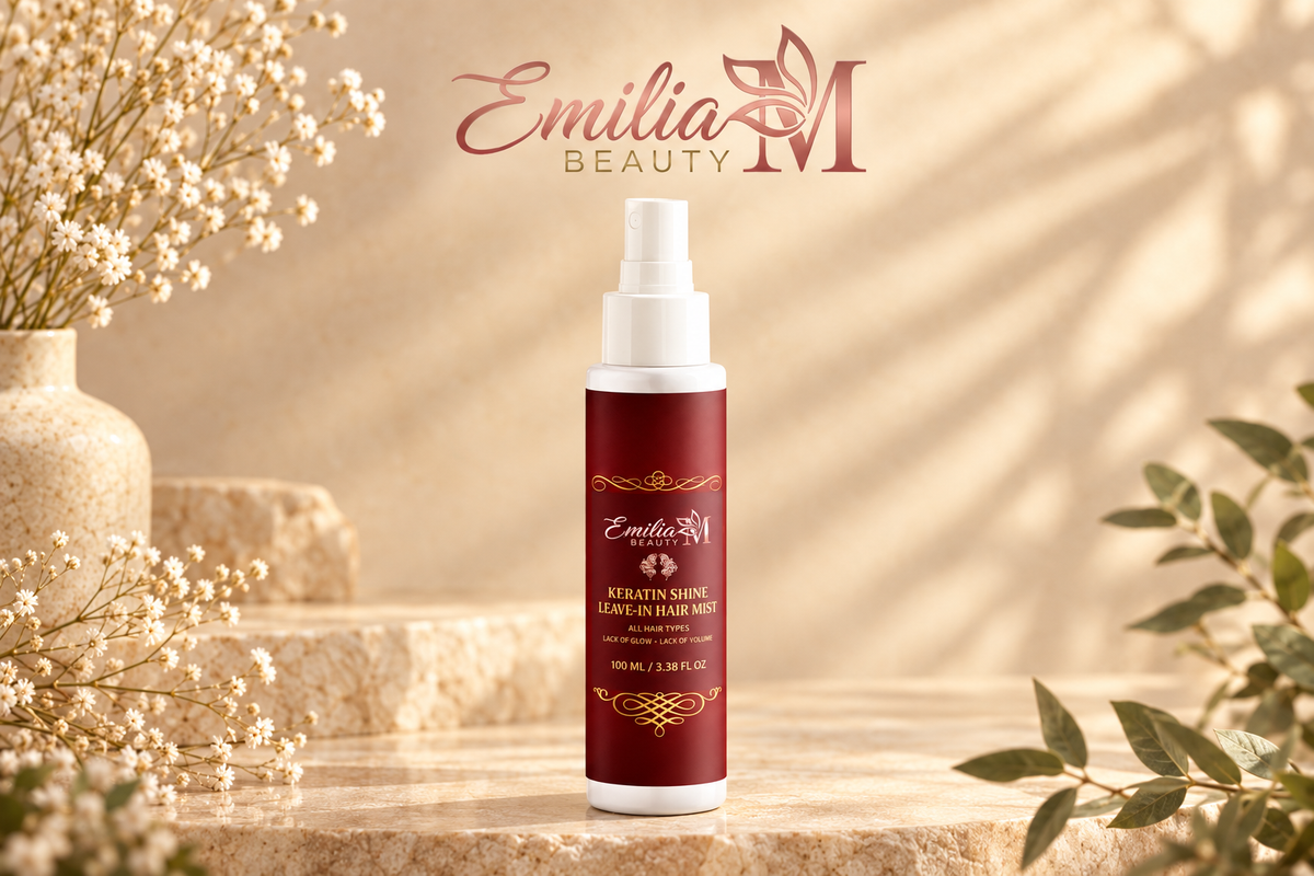 Emilia M Beauty Keratin Shine Leave-In Hair Mist spray bottle in a warm beige setting with soft sunlight and greenery