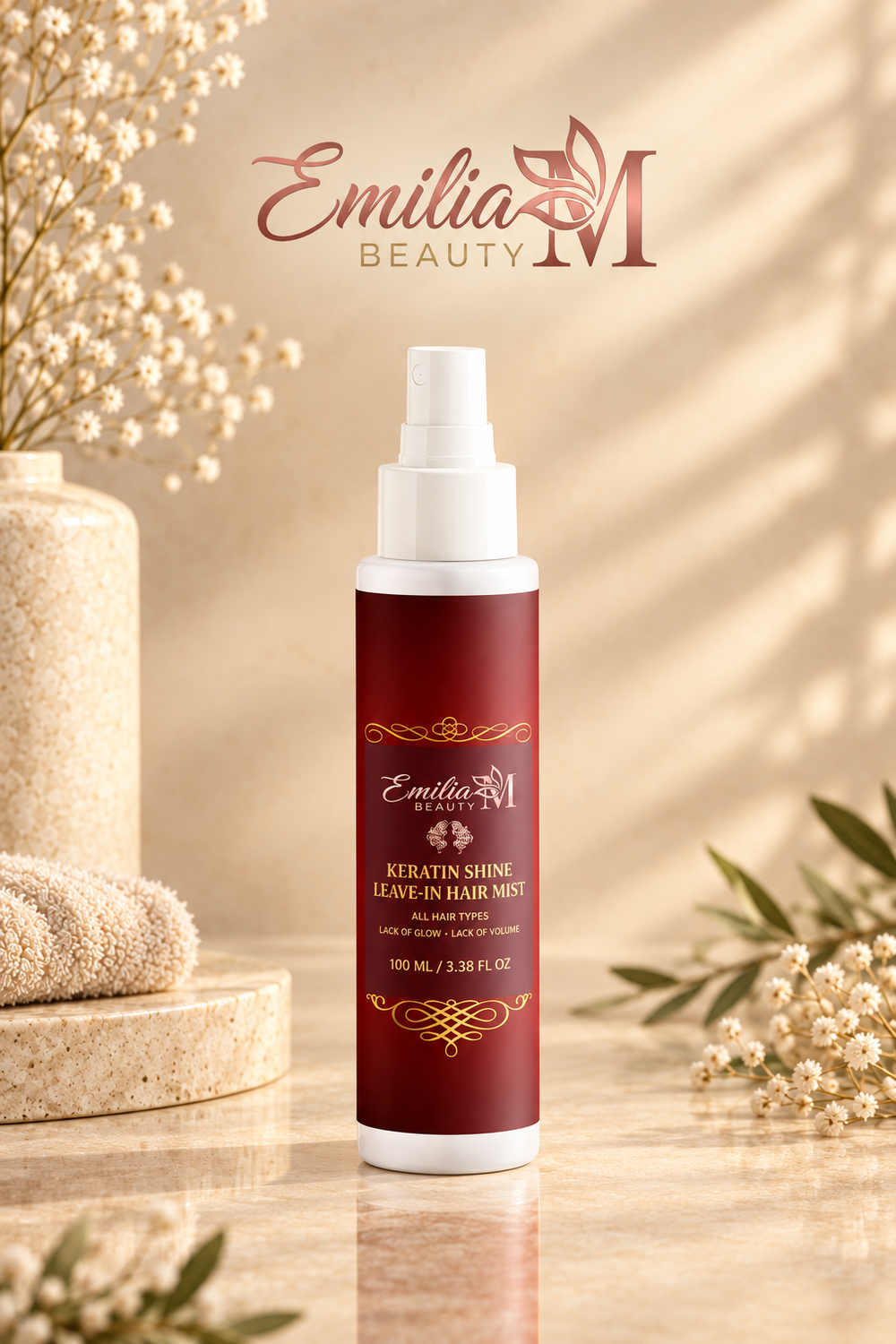 Emilia M Beauty Keratin Shine Leave-In Hair Mist spray bottle beside a stone pedestal and delicate white flowers