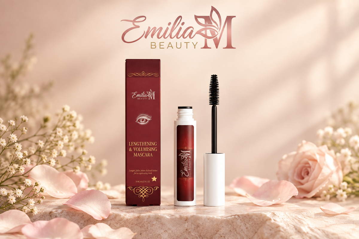 Emilia M Beauty Lengthening and Volumising Mascara displayed with its brush, tube and burgundy box in a soft pink floral setting