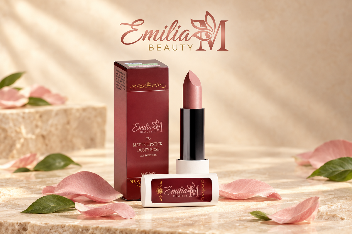 Emilia M Beauty Matte Lipstick in Dusty Rose displayed with its burgundy box and pink petals on a warm beige background