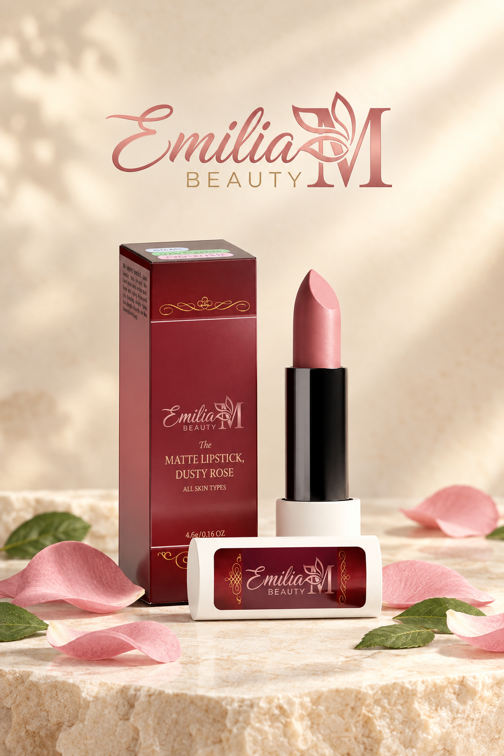 Emilia M Beauty Matte Lipstick in Dusty Rose standing beside its burgundy box, with pink petals around it