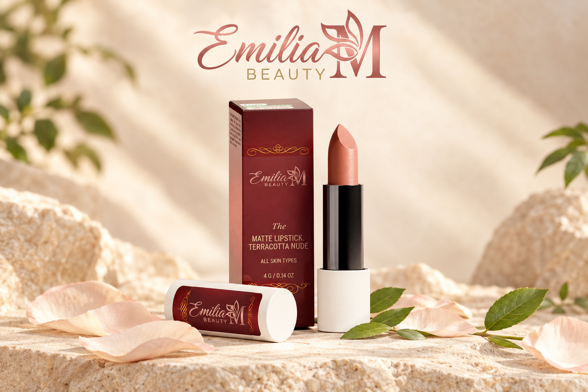 Emilia M Beauty Matte Lipstick in Terracotta Nude displayed with its burgundy box and cap in a warm beige setting with greenery