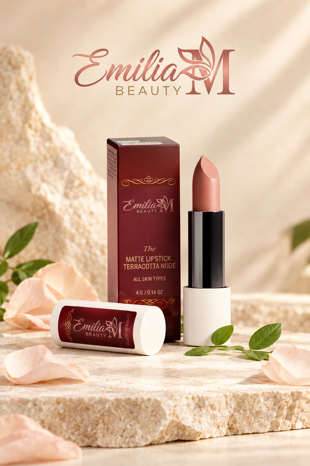 Emilia M Beauty Matte Lipstick in Terracotta Nude standing beside its burgundy box, with the cap lying in front