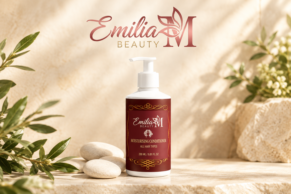 Emilia M Beauty Moisturising Conditioner pump bottle in a warm beige setting framed by greenery and white flowers