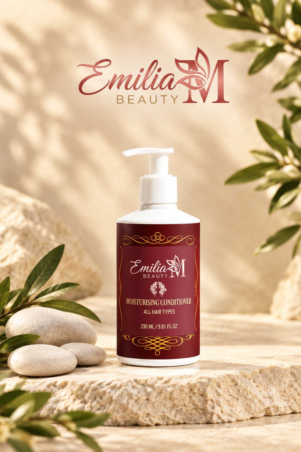 Emilia M Beauty Moisturising Conditioner pump bottle on a stone surface beside smooth stones and green leaves
