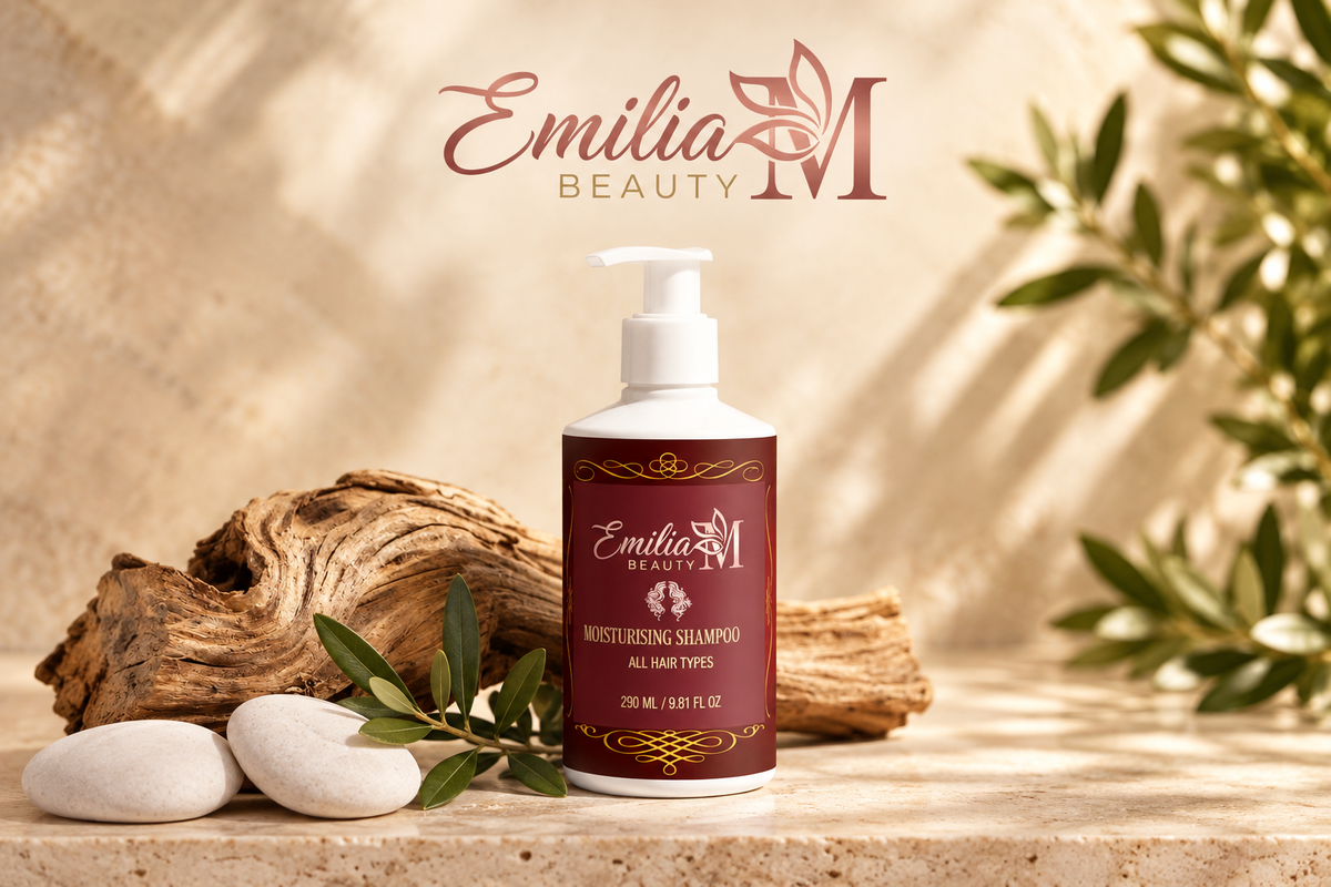 Emilia M Beauty Moisturising Shampoo pump bottle in a warm beige setting with driftwood and leafy greenery