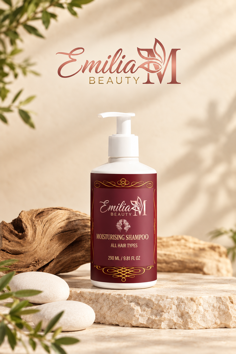 Emilia M Beauty Moisturising Shampoo pump bottle beside driftwood on a light stone surface